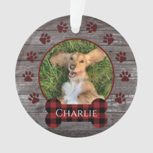 Red Buffalo Plaid Wood Paw Prints Pet Photo Ornament