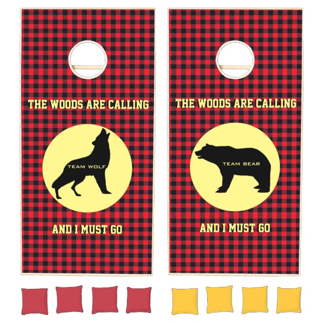 Red Buffalo Plaid Woods Are Calling Wolf and Bear Cornhole Set (Set)