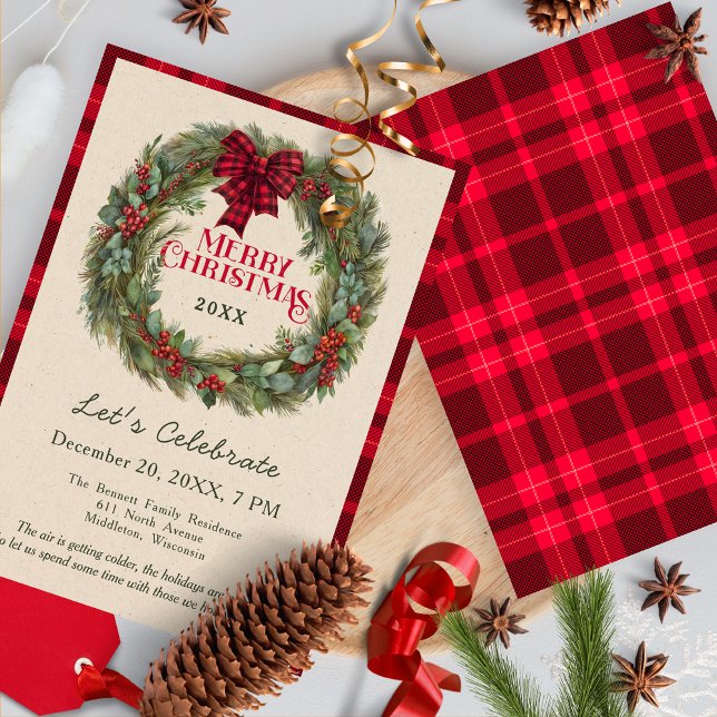 Red Buffalo Plaid Wreath Christmas Party Invitation (Creator Uploaded)