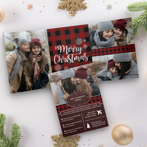 Red Buffalo Plaid Year in Review Christmas Photo Tri_Fold Holiday Card