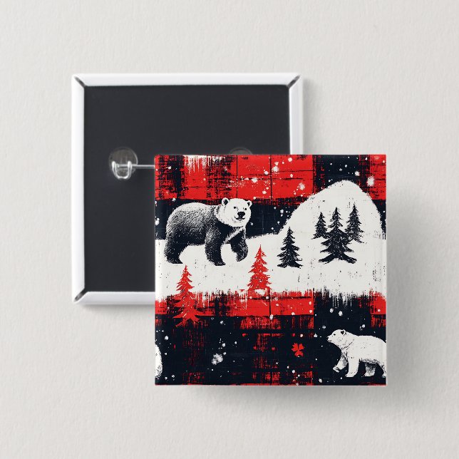 Red Buffalo Plaids Polar Bear Button (Front & Back)