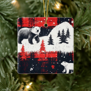 Red Buffalo Plaids Polar Bear Ceramic Ornament