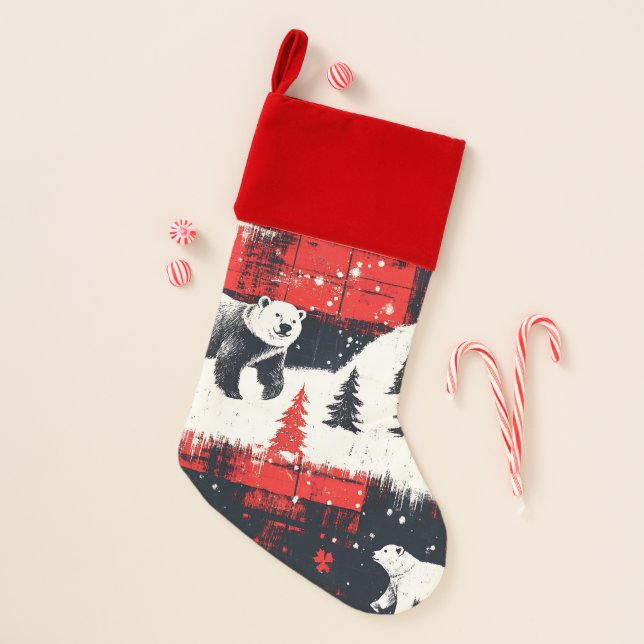 Red Buffalo Plaids Polar Bear Christmas Stocking (Front)