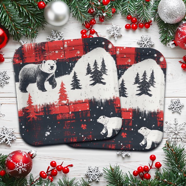 Red Buffalo Plaids Polar Bear Paper Plates (Creator Uploaded)