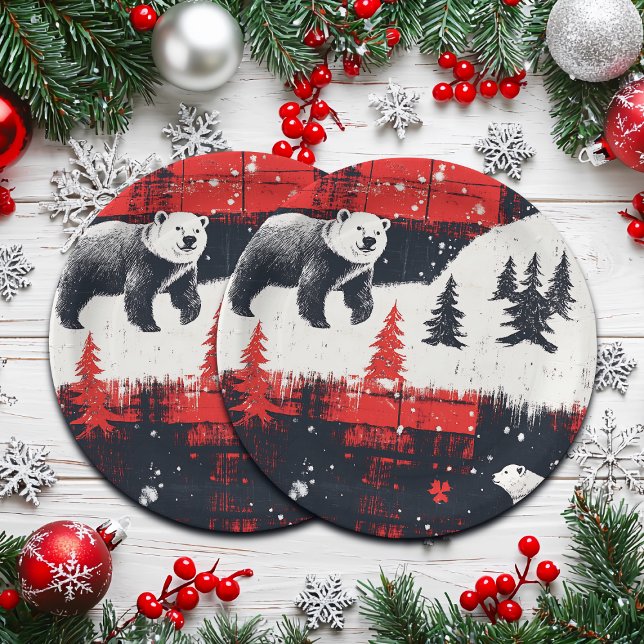 Red Buffalo Plaids Polar Bear Paper Plates (Creator Uploaded)