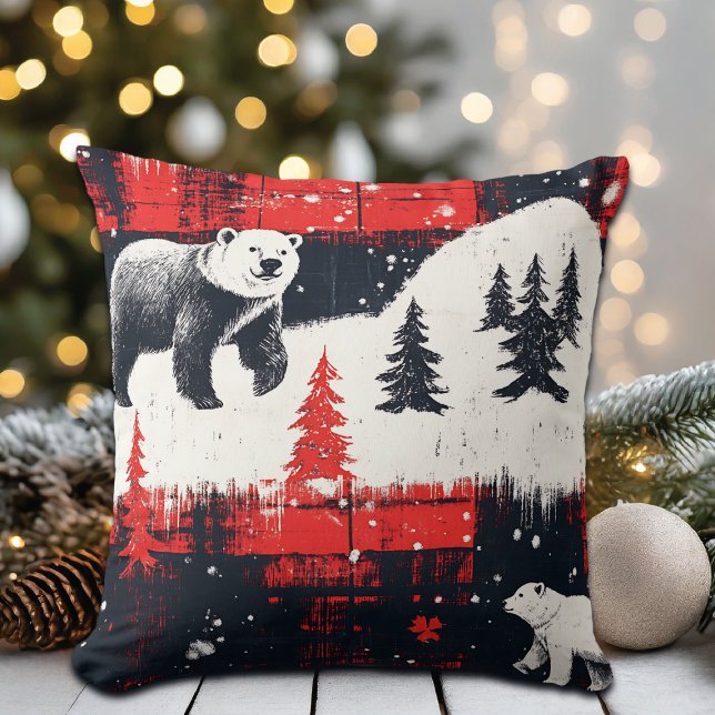 Red Buffalo Plaids Polar Bear Throw Pillow (Creator Uploaded)