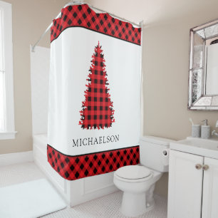 Red Buffalo Rustic Plaid Christmas Tree Shower Curtain