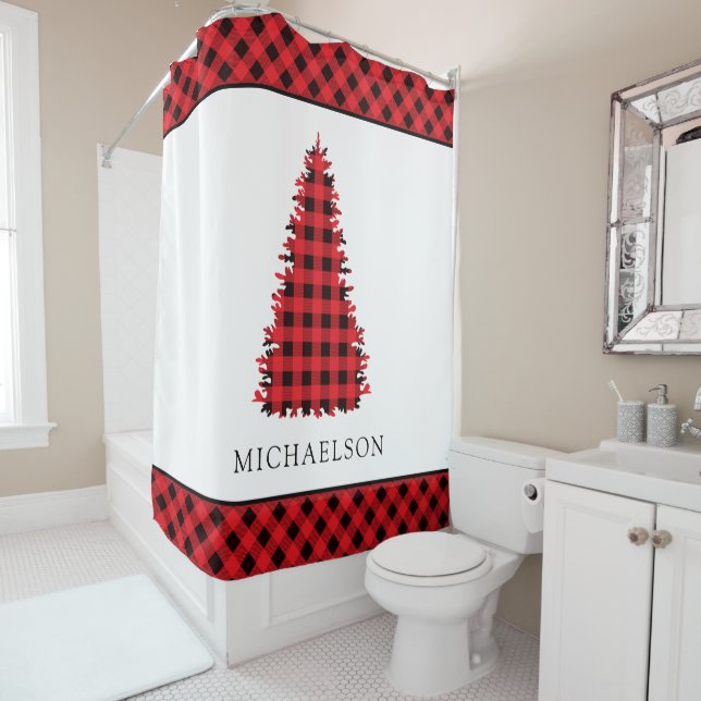 Red Buffalo Rustic Plaid Christmas Tree Shower Curtain (In Situ)