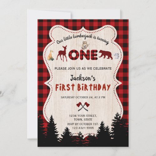 Red Buffalo Woodland Animals Boy 1st Birthday Invitation