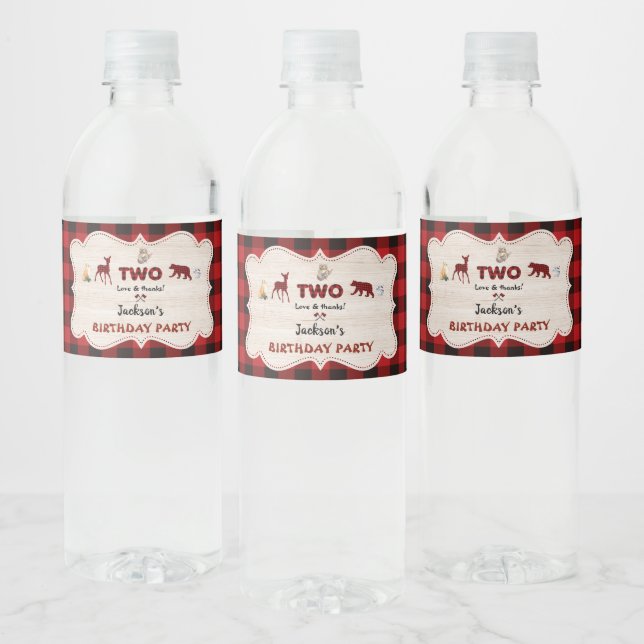 Red Buffalo Woodland Animals Boy 2nd Birthday Water Bottle Label (Bottles)