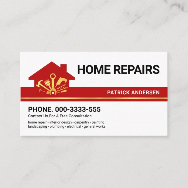Red Building Border Gold Handyman Tools Business Card (Front)