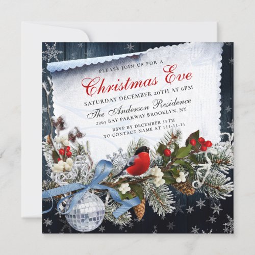 Red Bulfinch  Holly Berry Rustic Christmas Eve Invitation