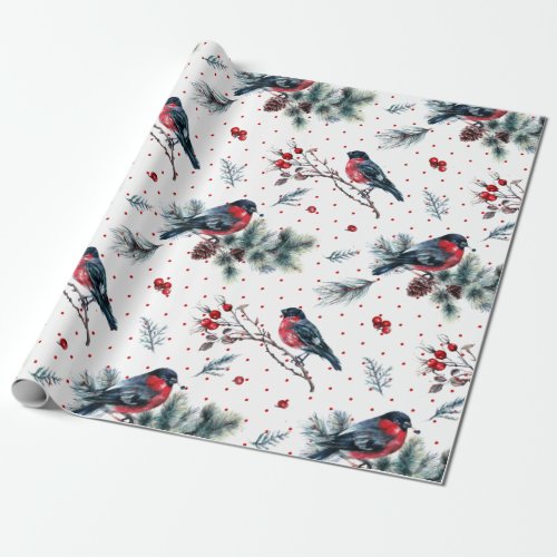 Red Bull_finch  Christmas Foliage Pattern Wrapping Paper