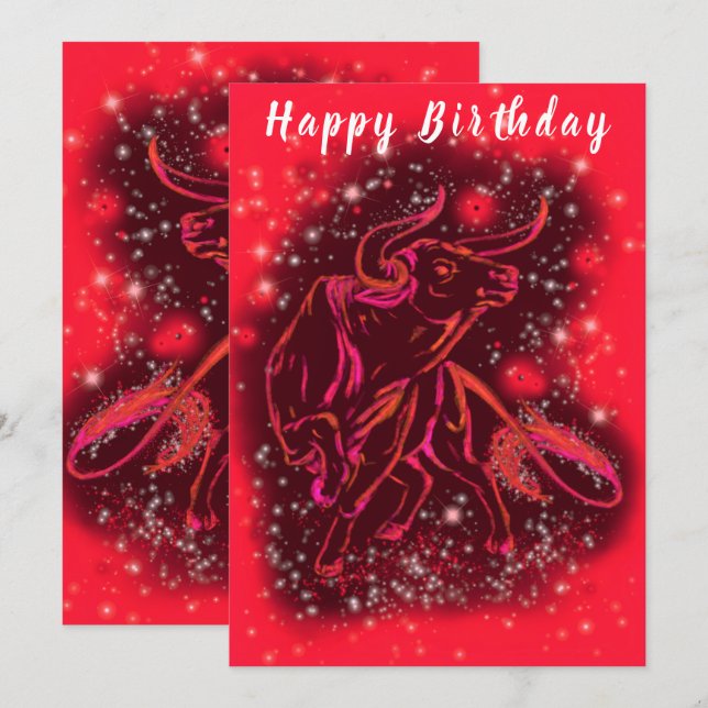 Red Bull Running At Starry Night Birthday Card (Front/Back)