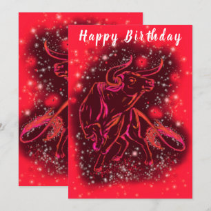 Red Bull Running At Starry Night Birthday Card