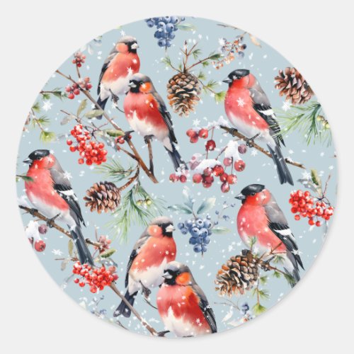 Red Bullfinch Christmas Birds Berries  Pine Cones Classic Round Sticker