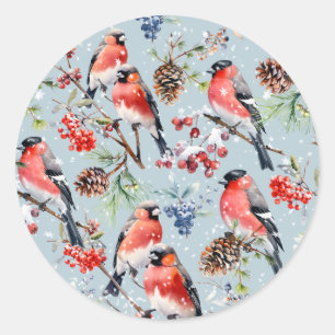 Red Bullfinch Christmas Birds Berries & Pine Cones Classic Round Sticker