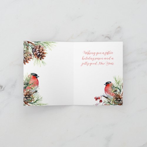Red Bullfinch Christmas Birds Berries  Pine Cones Holiday Card
