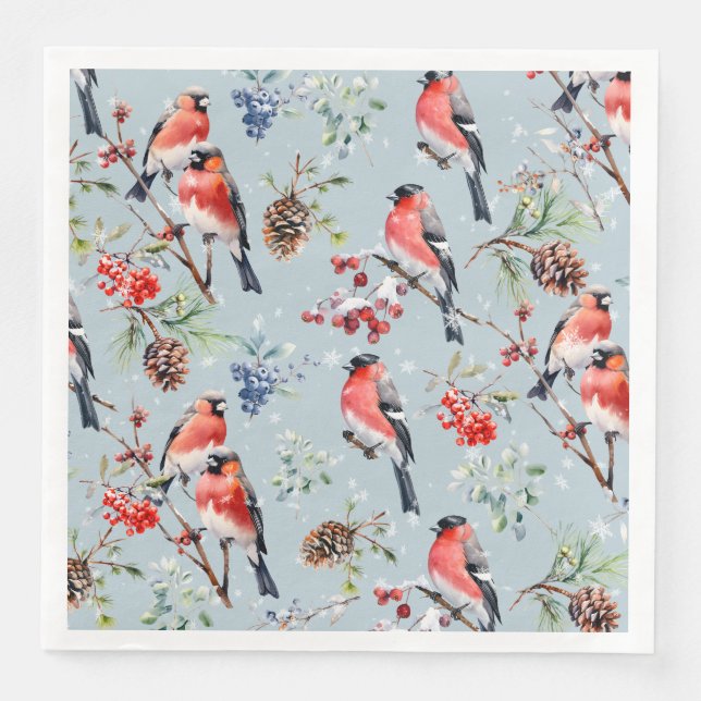 Red Bullfinch Christmas Birds Berries & Pine Cones Paper Dinner Napkins (Front)