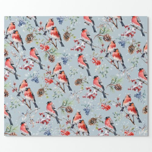 Red Bullfinch Christmas Birds Berries  Pine Cones Wrapping Paper