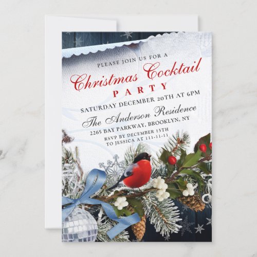 Red Bullfinch Holly Berry Christmas Cocktail Party Invitation