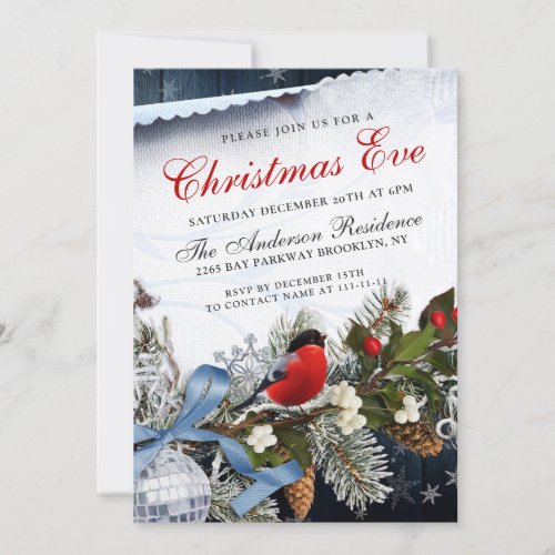 Red Bullfinch  Holly Berry Rustic Christmas Eve Invitation