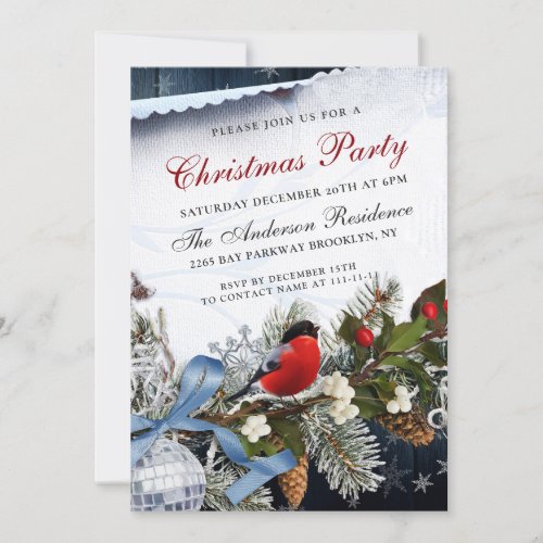Red Bullfinch  Holly Berry Rustic Christmas Party Invitation