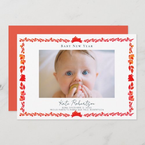 Red Bunny Folk Art Baby New Year Photo Card