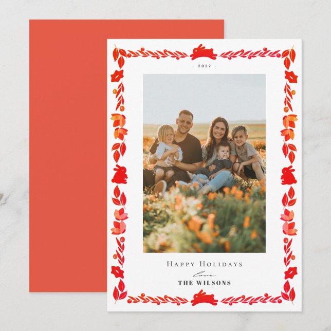 Red Bunny Folk Art Christmas Holiday Photo Card (Front/Back)