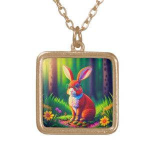 Red Bunny Sitting on Grass-57666 Gold Plated Necklace