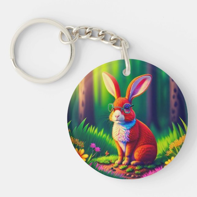 Red Bunny Sitting on Grass-57666 Keychain (Front)