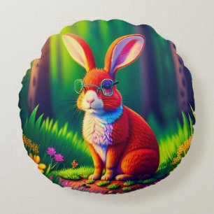 Red Bunny Sitting on Grass-57666 Round Pillow