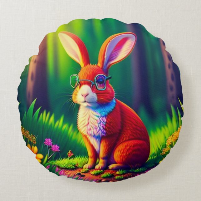 Red Bunny Sitting on Grass-57666 Round Pillow (Front)