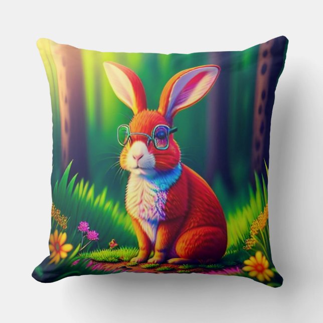 Red Bunny Sitting on Grass-57666 Throw Pillow (Front)