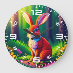 Red Bunny Sitting on Grass Large Clock