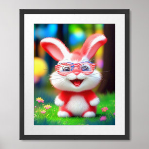 Red Bunny with American Glasses Cartoon-44244 Framed Art