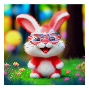 Red Bunny with American Glasses Cartoon-44244 Poster