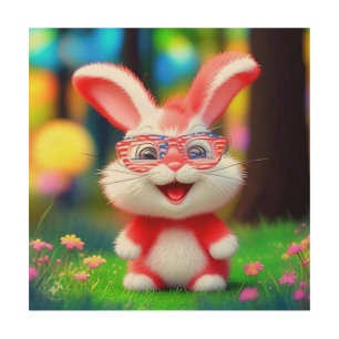Red Bunny with American Glasses Cartoon-44244 Wood Wall Art