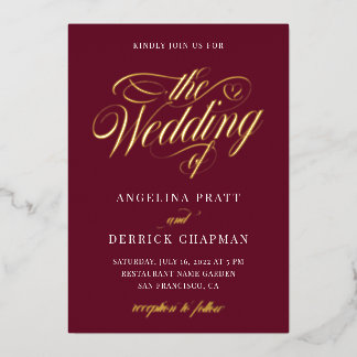 Red Burgundy All in One Elegant Calligraphy Gold  Foil Invitation