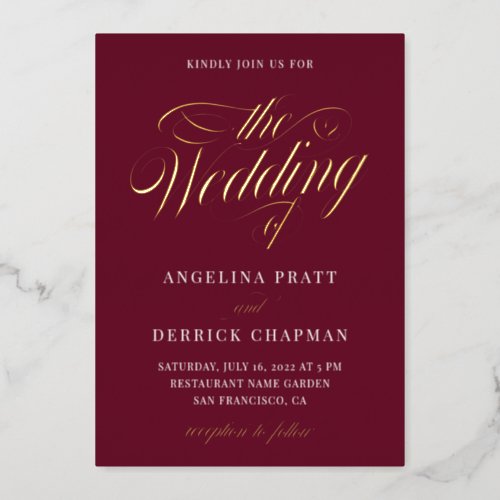 Red Burgundy All in One Elegant Calligraphy Gold  Foil Invitation