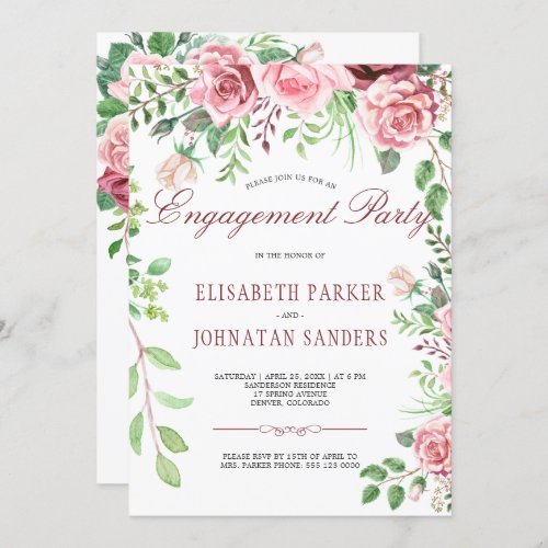 Red Burgundy and Blush Pink Roses Engagement Party Invitation