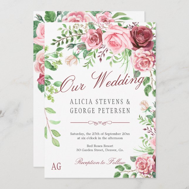 Red Burgundy and Blush Pink Roses Monogram Wedding Invitation (Front/Back)