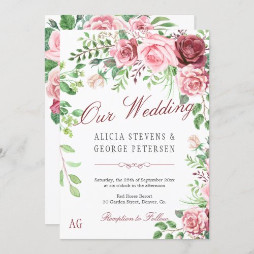 Red Burgundy and Blush Pink Roses Monogram Wedding Invitation