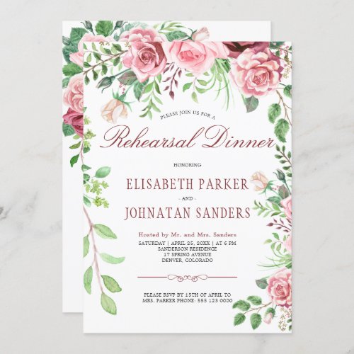 Red Burgundy and Blush Pink Roses Rehearsal Dinner Invitation