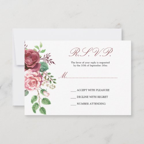 Red Burgundy and Blush Pink Roses Vintage Garden RSVP Card