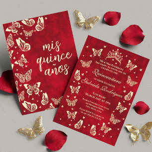 Red Burgundy and Gold Quinceañera Tiara Butterfly Invitation