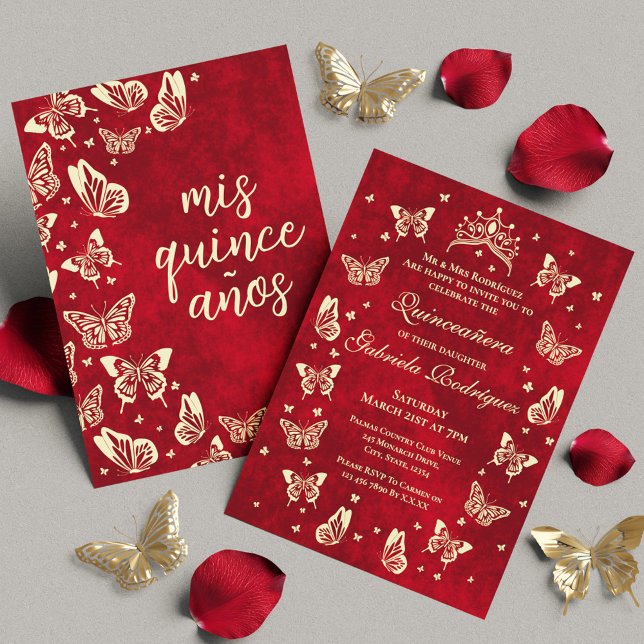 Red Burgundy and Gold Quinceañera Tiara Butterfly Invitation (Red Burgundy and Gold Quinceañera Tiara Butterfly Invitation)