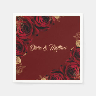 Red Burgundy and Gold Roses Floral Wedding Napkins
