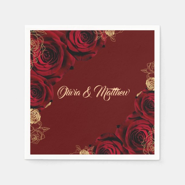  Red Burgundy and Gold Roses Floral Wedding Napkins (Front)