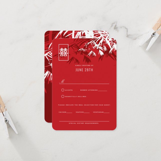 Red & Burgundy Bamboo Leaves Chinese Wedding RSVP Invitation (Front/Back In Situ)
